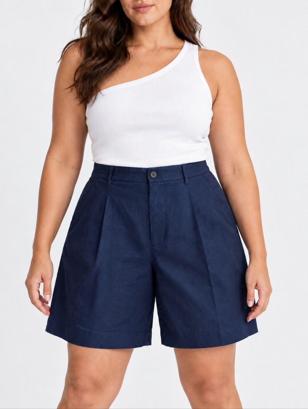 Everlane Tailored A-Line European Flax Linen Shorts Pleated High Rise 14 Navy